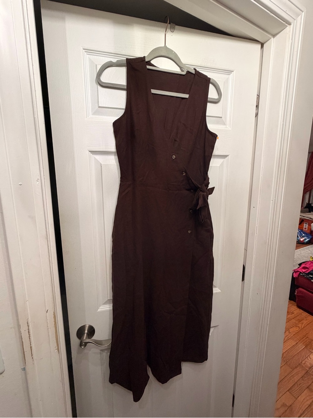 Brown Sleeveless linen Blend  Midi Wrap Dress